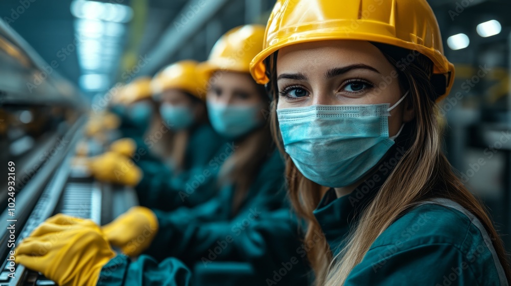 A woman wearing a yellow helmet and a blue shirt with a mask on her face A woman wearing a yellow helmet and a blue shirt with a mask on her face