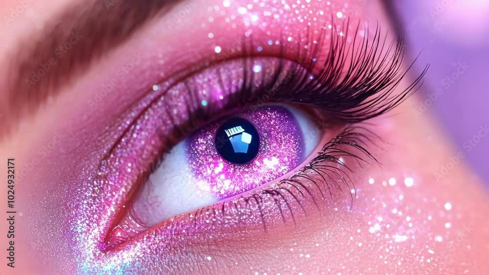 Glittering pink eye makeup with sparkling effects in close-up Glittering pink eye makeup with sparkling effects in close-up