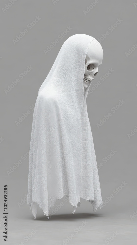Ghostly figure in white hooded cloak Ghostly figure in white hooded cloak