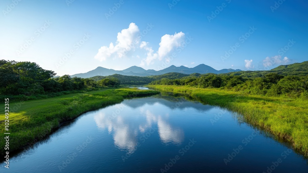 Serene lake surrounded by lush green mountains and forests Serene lake surrounded by lush green mountains and forests