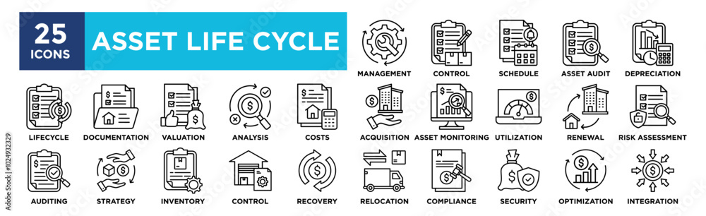 Asset Life Cycle icon collection set. Containing design management, business, concept, asset, company Asset Life Cycle icon collection set. Containing design management, business, concept, asset, company