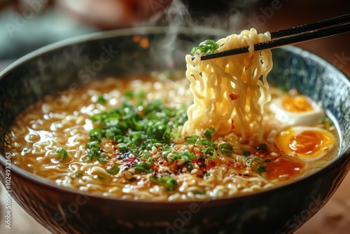 Chopsticks holding noodles over a bowl of ramen with an egg photo