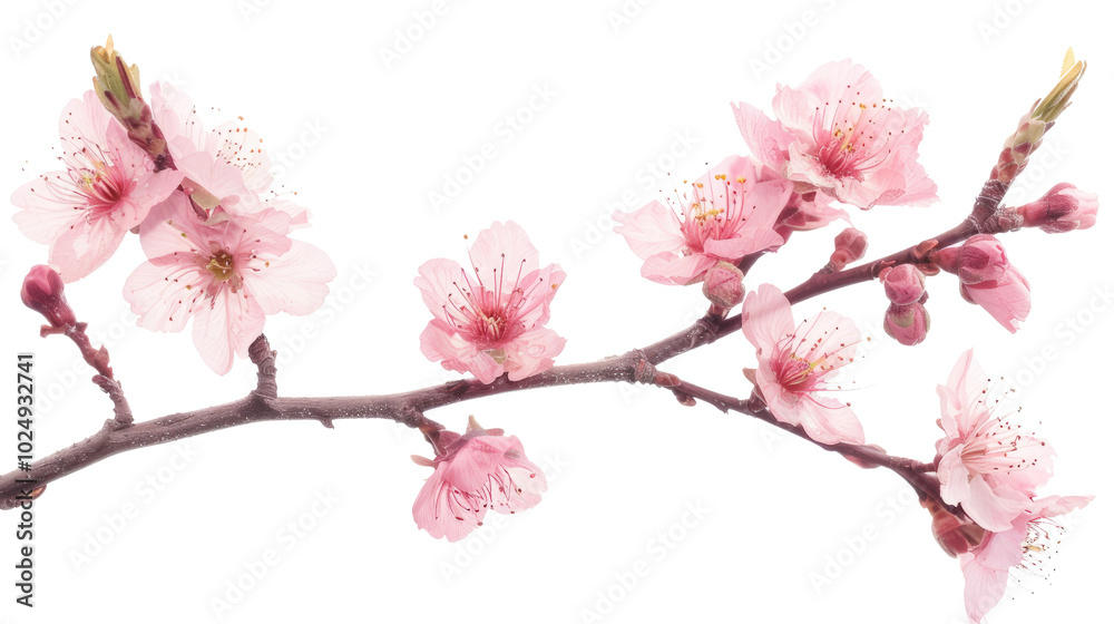 An elegant pink cherry blossom branch, isolated on a white background. An elegant pink cherry blossom branch, isolated on a white background.