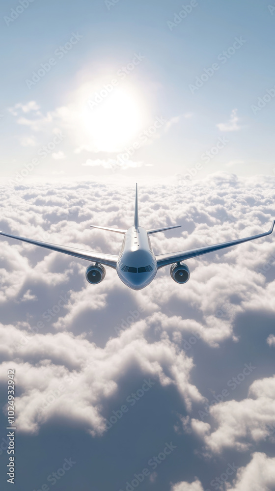 majestic airplane flying above clouds with sun shining brightly, creating serene and uplifting atmosphere. scene captures beauty of flight and vastness of sky majestic airplane flying above clouds with sun shining brightly, creating serene and uplifting atmosphere. scene captures beauty of flight and vastness of sky