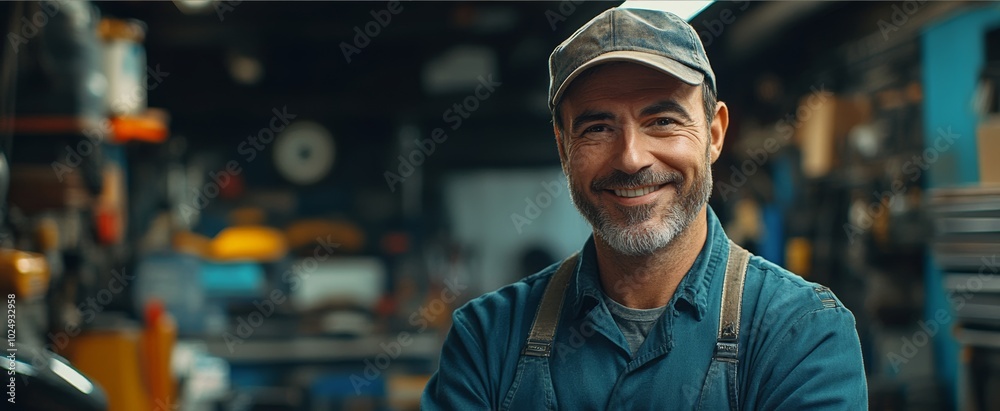 Man in a blue uniform is smiling and standing in a garage. auto mechanic, with a smile and thumbs up, standing in front of an empty table, gazing at the desktop, in the background an auto repair shop Man in a blue uniform is smiling and standing in a garage. auto mechanic, with a smile and thumbs up, standing in front of an empty table, gazing at the desktop, in the background an auto repair shop