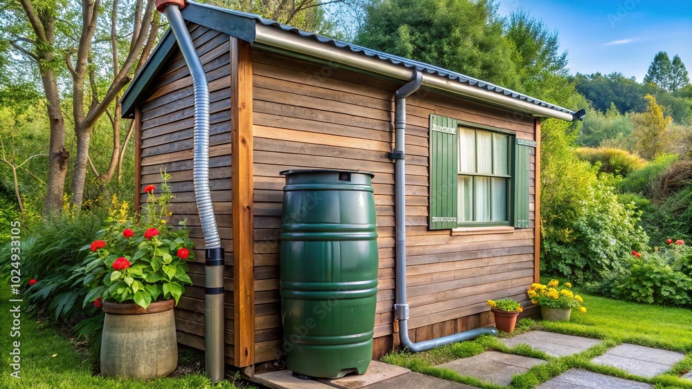 Rain barrel connected to garden shed gutter harvesting rainwater for garden reuse. Rain barrel connected to garden shed gutter harvesting rainwater for garden reuse.