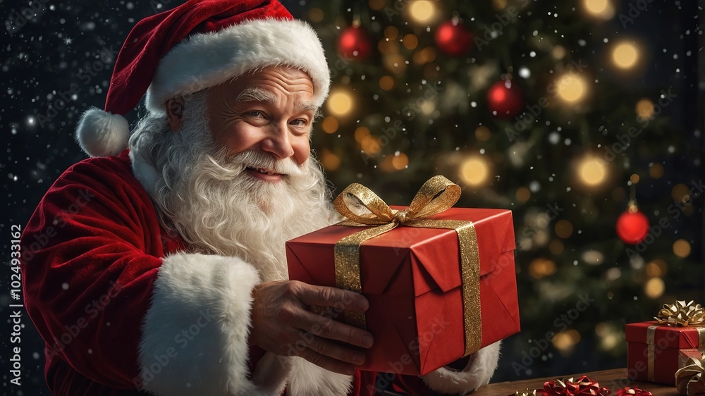 Santa Claus with Red Gift Box in Snowy Christmas Scene Santa Claus with Red Gift Box in Snowy Christmas Scene