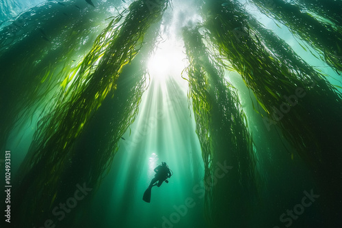 Diver Explores a Lush Kelp Forest in the Ocean