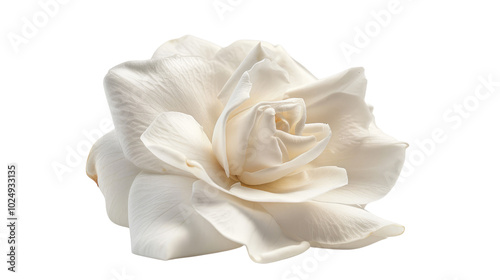 Close-up of a white gardenia bloom, emphasizing its fragrant petals and pristine look on a white background