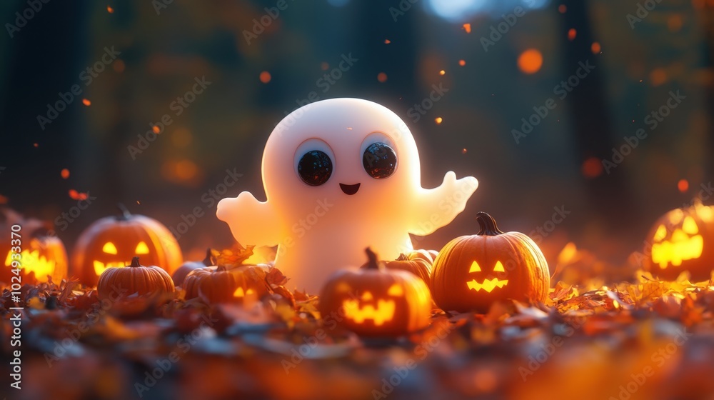 Cute ghost and jack-o-lanterns in autumn leaves Cute ghost and jack-o-lanterns in autumn leaves
