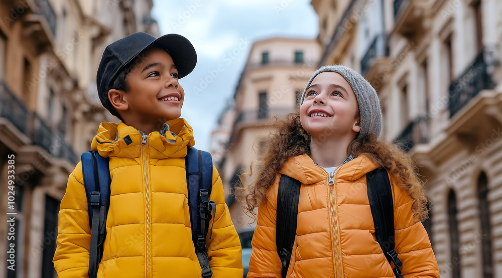 © Quality One   - young boy and girl are exploring city, wearing bright yellow jackets and backpacks, with joyful expressions on their faces. Their adventure is filled with excitement and wonder