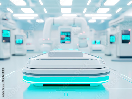 futuristic biotechnology device integrated with automation, showcasing advanced technology in sterile environment. sleek design and glowing elements highlight innovation and precision in modern