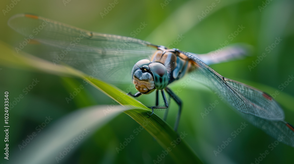 close up view of dragonfly perched on green leaf, showcasing its intricate wings and detailed features. vibrant colors and delicate structure evoke sense of wonder in nature