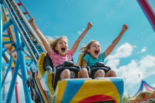 Two Girls Enjoying a Thrilling Roller Coaster Ride at an Amusement Park