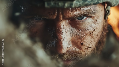 A worn soldier with a focused gaze covered in dirt and wearing camouflage gear, appears ready for combat, representing resilience and determination. photo