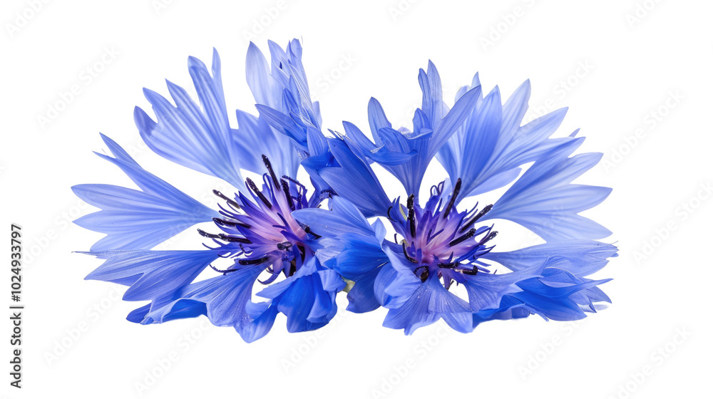 Obraz premium Macro image of a blue cornflower, capturing its vibrant petals and serene beauty on a white background.