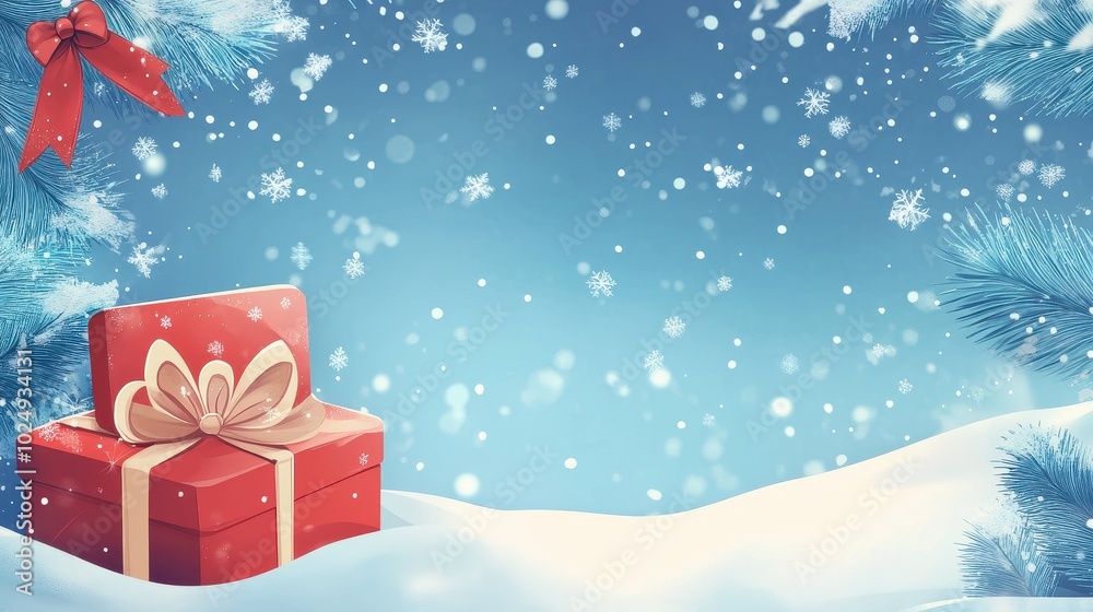 Snowy Winter Wonderland with Red Gift Box Snowy Winter Wonderland with Red Gift Box