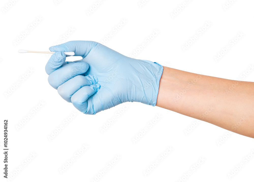 Hand in medical gloves holding a cotton swab on an empty background. Personal hygiene, healthcare applications, skincare routines. Hand in medical gloves holding a cotton swab on an empty background. Personal hygiene, healthcare applications, skincare routines.
