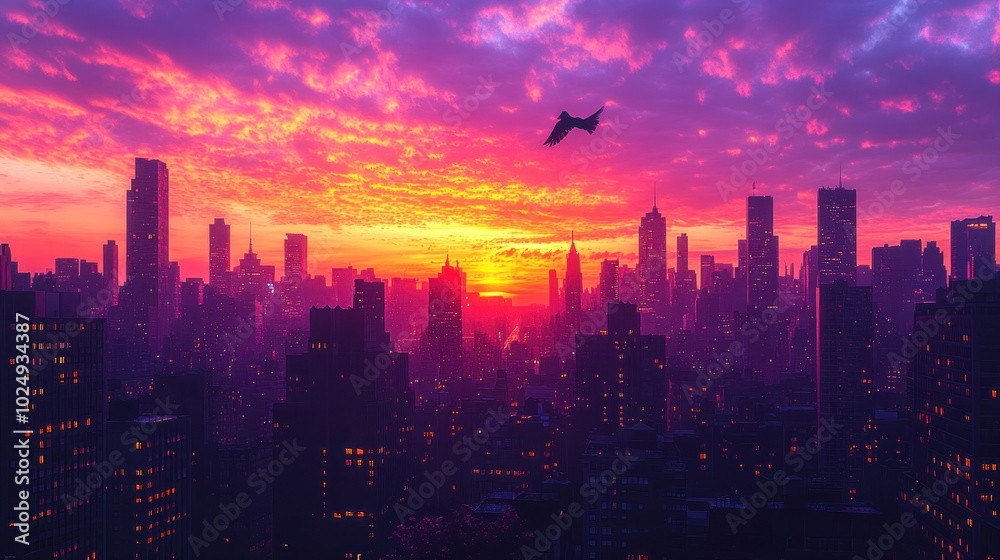 Fototapeta premium Sunset over a city skyline with vibrant colors and a silhouette.