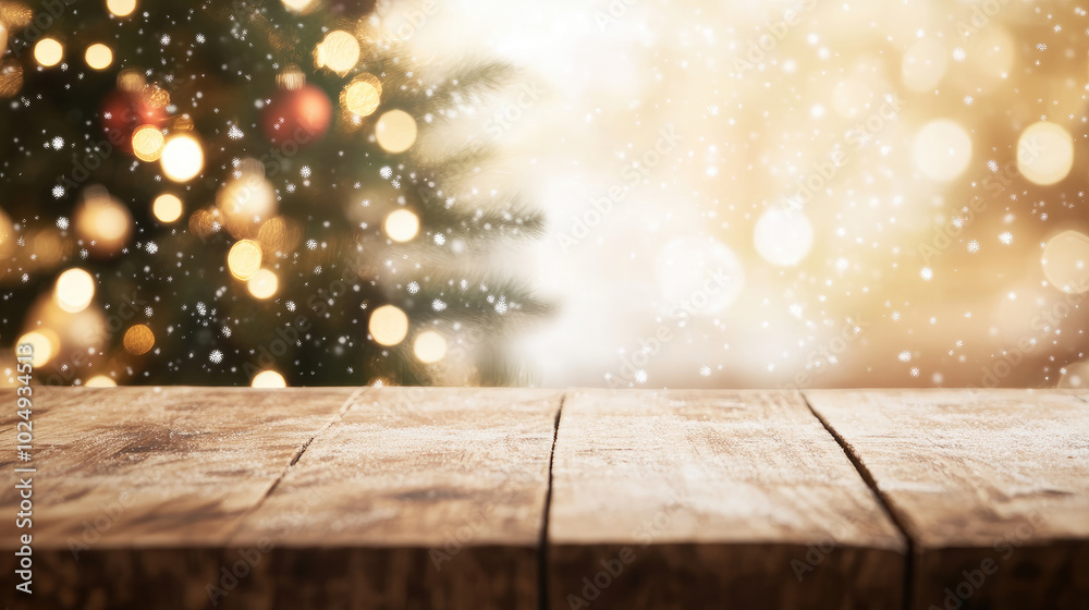 Wooden Table with Abstract Blurred Christmas Tree Background, inviting festive ambiance, warm tones, soft focus, seasonal spirit, cozy atmosphere Wooden Table with Abstract Blurred Christmas Tree Background, inviting festive ambiance, warm tones, soft focus, seasonal spirit, cozy atmosphere