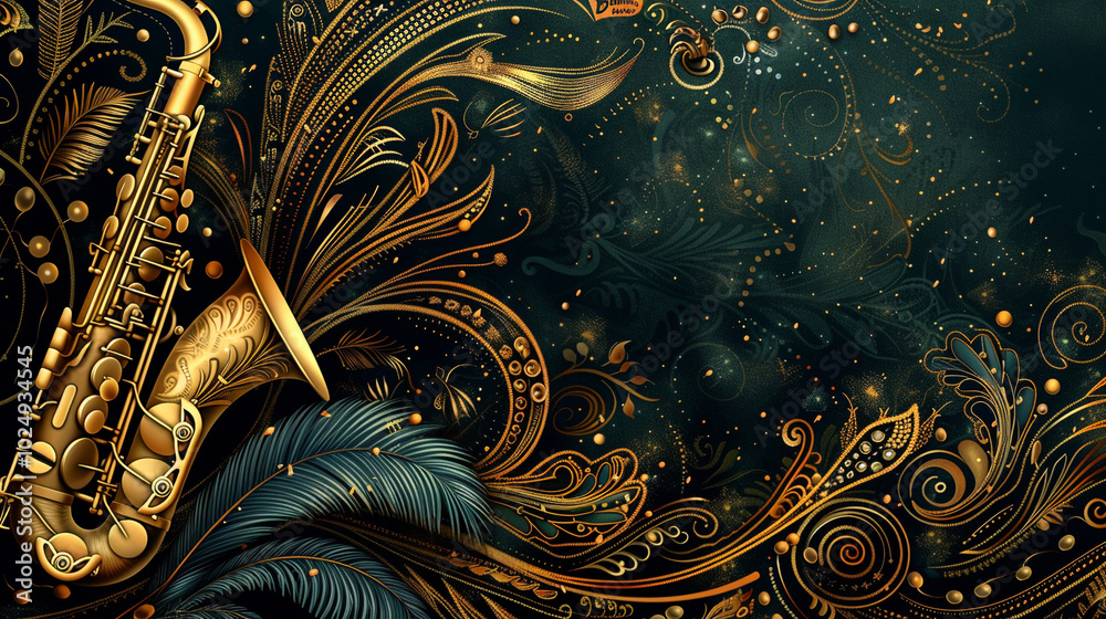 Naklejka premium A flyer filled with intricate beaded patterns from vintage flapper gowns, feathered headbands, and jazz symbols like saxophones and musical notes.