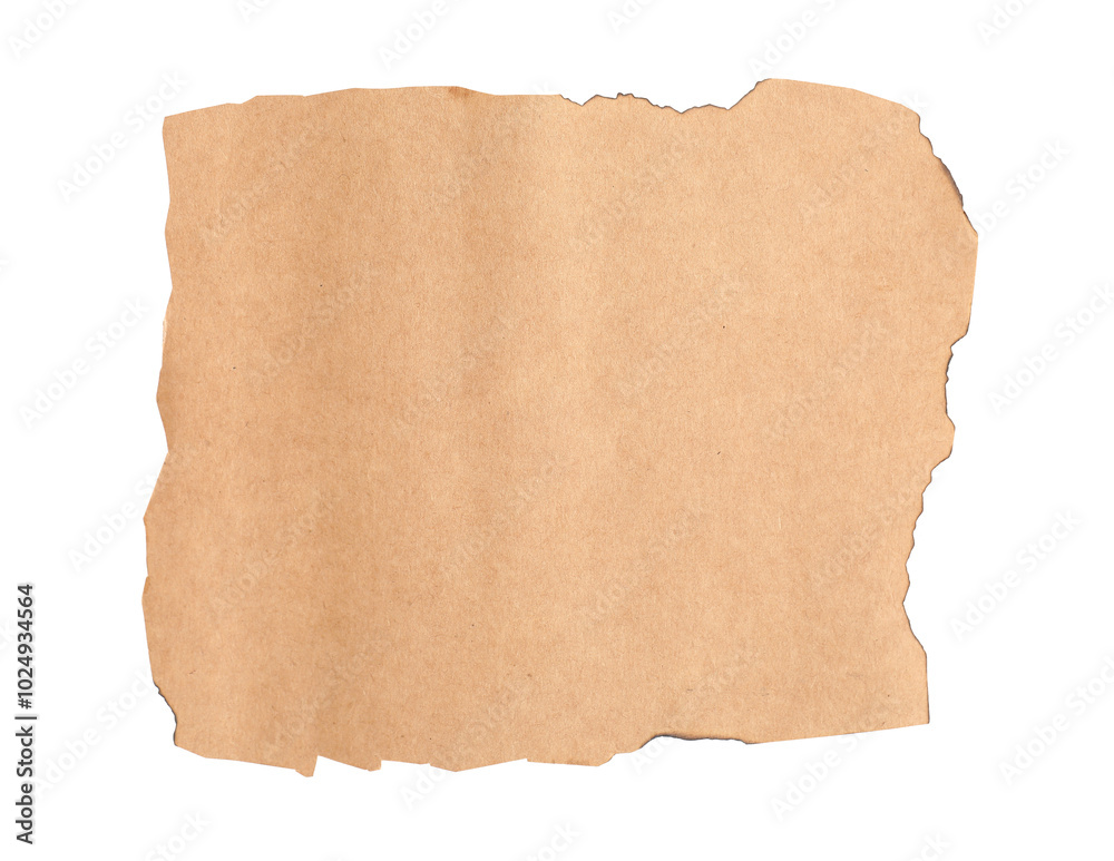 Old kraft paper with dark burnt borders isolated on white, top view Old kraft paper with dark burnt borders isolated on white, top view