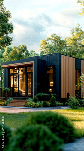 modern modular home featuring sleek design and natural surroundings, showcasing large windows and blend of wood and metal materials. lush greenery enhances its contemporary appeal photo