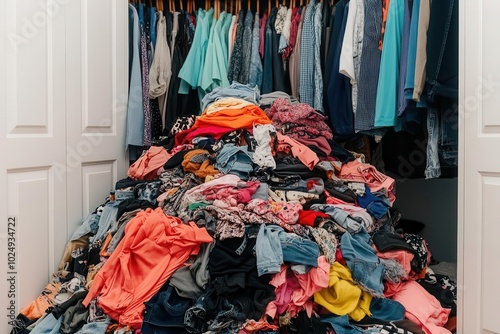 Overflowing closet with cheap, trendy clothes spilling out, Fast Fashion, overconsumption, trend-chasing, consumer excess