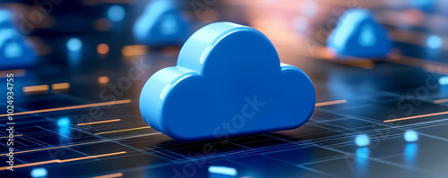 Digital cloud hosting with prominent blue cloud icon surrounded by network of emerging applications, symbolizing connectivity and technology