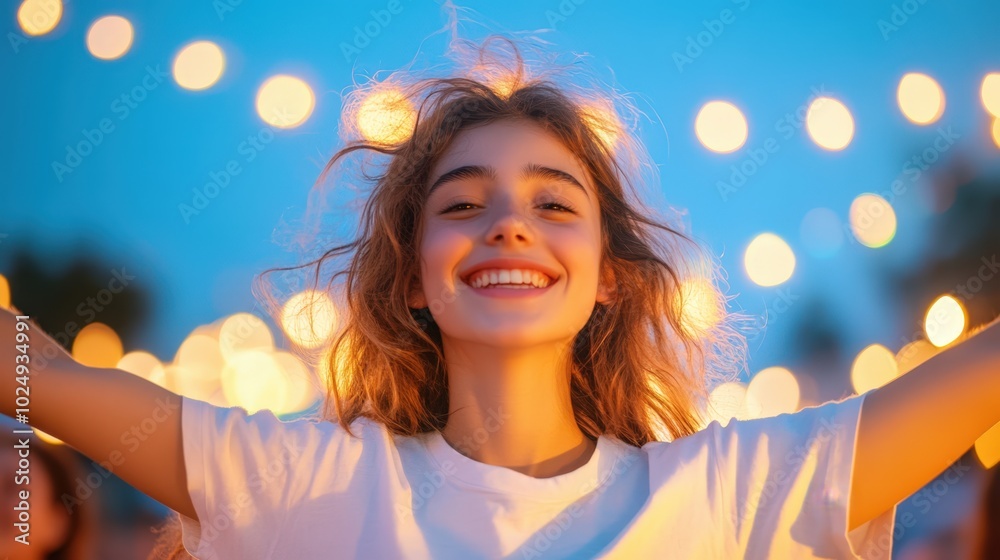 smiling woman enjoying evening lights smiling woman enjoying evening lights