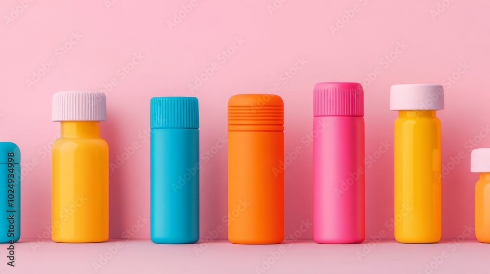 A row of colorful bottles on a pink background. A row of colorful bottles on a pink background.