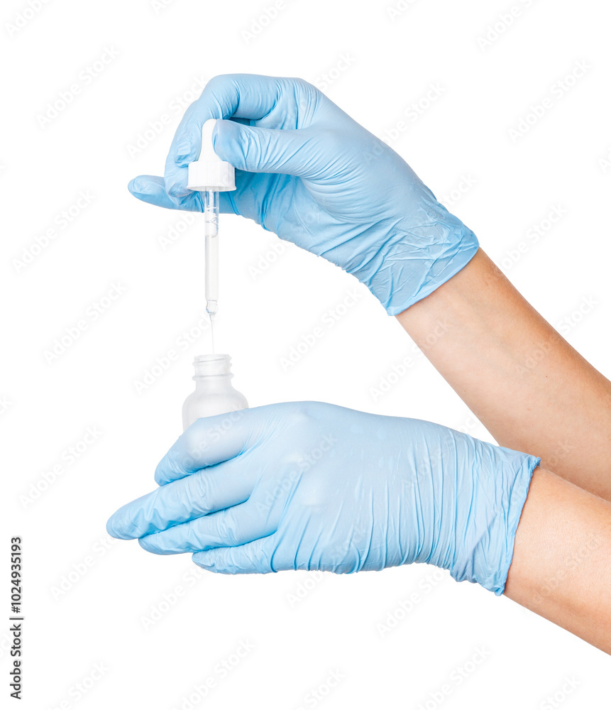 Hand in medical gloves holding a cosmetic jar with a pipette on an empty background. Skincare, beauty products, cosmetic packaging. Hand in medical gloves holding a cosmetic jar with a pipette on an empty background. Skincare, beauty products, cosmetic packaging.