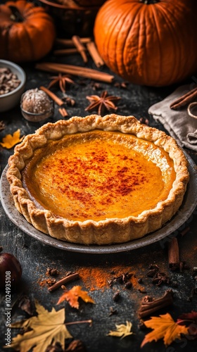 Freshly baked pumpkin pie with a golden crust, fresh out of the oven, ready to serve