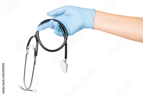 Quadro su tela Hand in medical gloves holding a stethoscope on an empty background