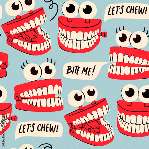 Jumping chattering Teeth. Cute funny characters. Clockwork toy with eyes and teeth. Hand drawn trendy Vector illustration. Square seamless Pattern, background, wallpaper