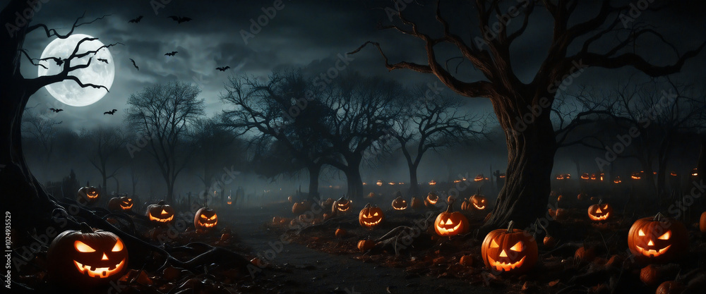 Scary halloween pumpkins lighting an eerie forest path at night Scary halloween pumpkins lighting an eerie forest path at night