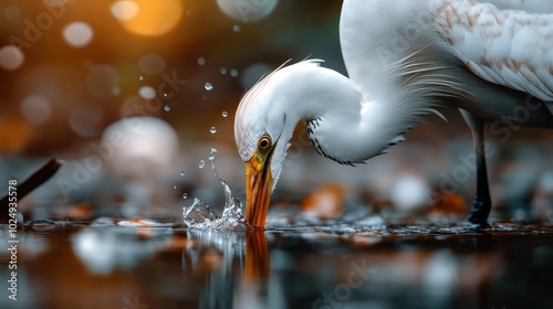 A graceful egret fishes in a sunlit waterscape, droplets dancing around its beak, showcasing the elegance and fluidity of nature in perfect harmony. photo