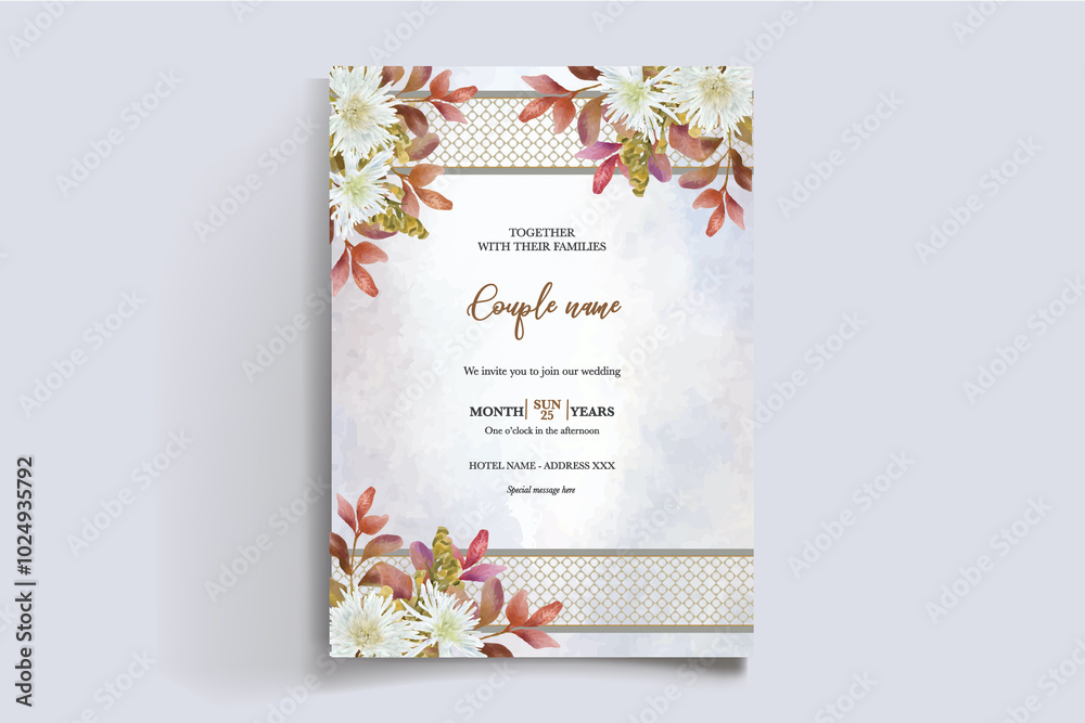 WEDDING INVITATION FRAME WITH FLOWER DECORATIONS WITH FRESH LEAVES WEDDING INVITATION FRAME WITH FLOWER DECORATIONS WITH FRESH LEAVES