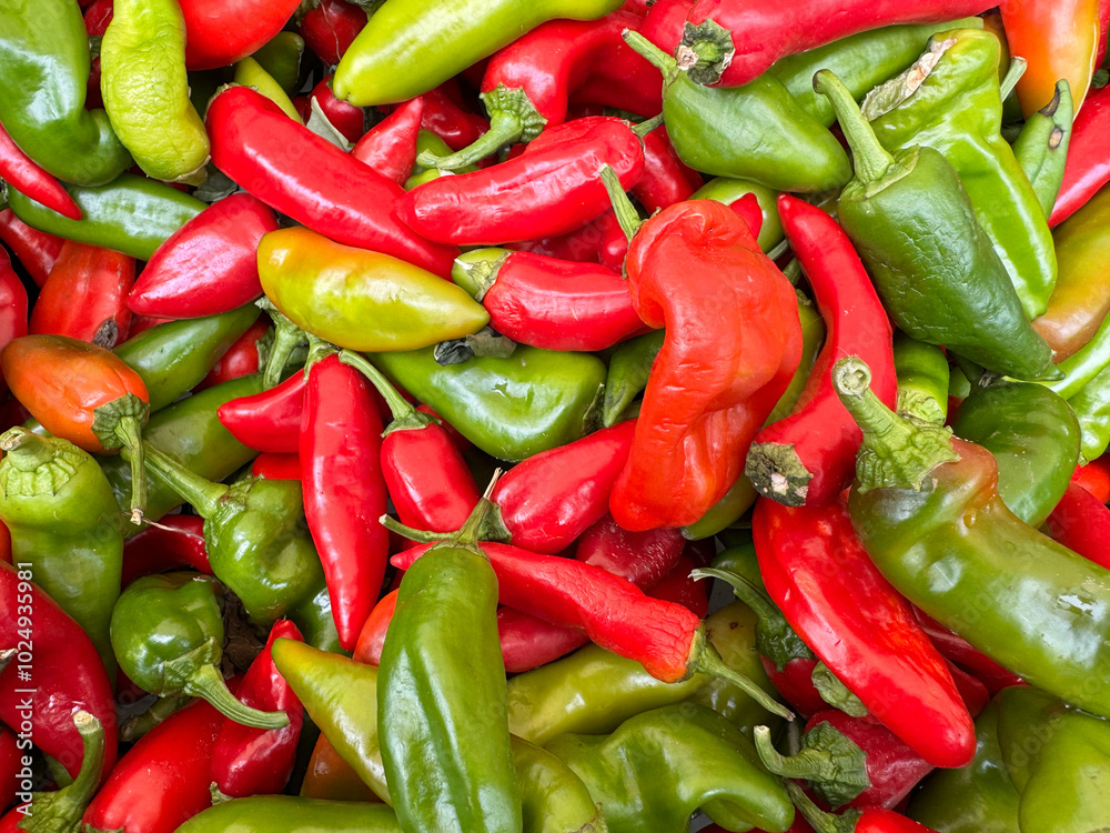 Colorful heap of red and green peppers at a farmer's market Colorful heap of red and green peppers at a farmer's market