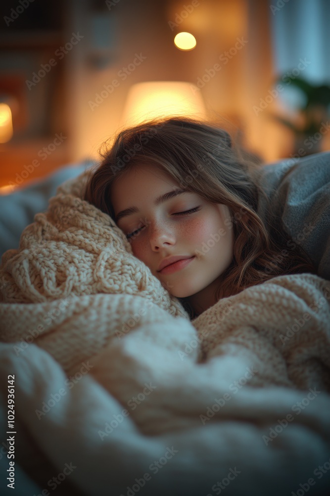 Young girl sleeping in a bed with a blanket Young girl sleeping in a bed with a blanket