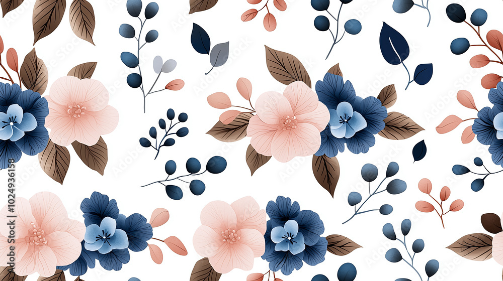 beautiful pattern featuring watercolor hydrangeas in light pink and blue, complemented by delicate leaves and berries, creating serene floral design beautiful pattern featuring watercolor hydrangeas in light pink and blue, complemented by delicate leaves and berries, creating serene floral design