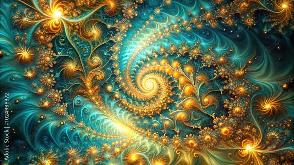 Reflected abstract fractal art with swirling patterns and bursts of gold and teal resembling cosmic energy or nebulae Reflected abstract fractal art with swirling patterns and bursts of gold and teal resembling cosmic energy or nebulae