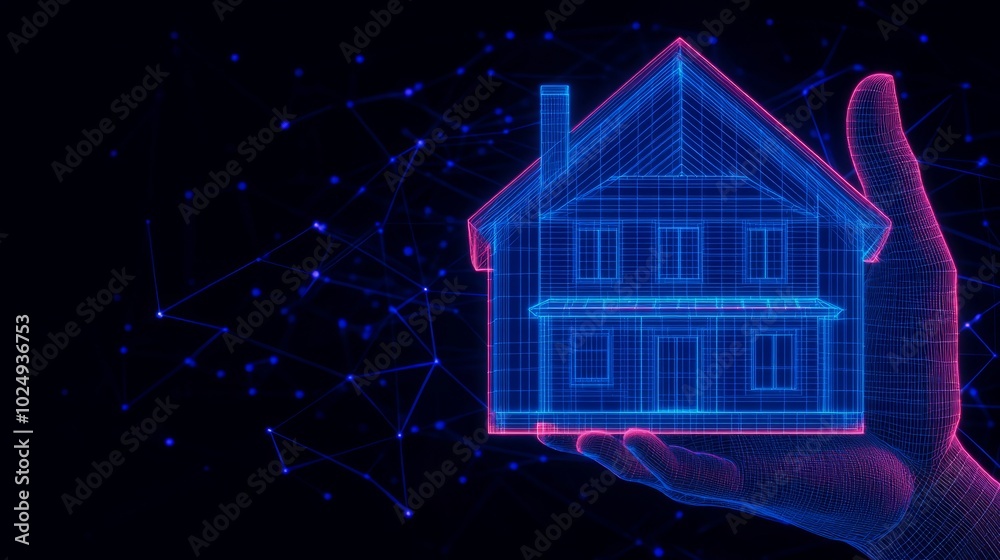 A wireframe house held in a digital hand with a background of connected dots. A wireframe house held in a digital hand with a background of connected dots.