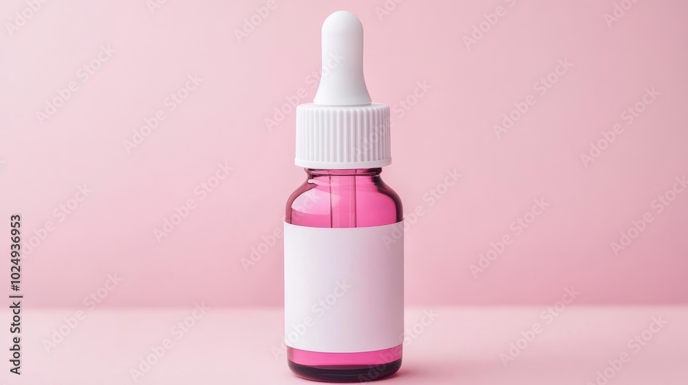 A small pink glass bottle with a white dropper and a blank label on a pink background. A small pink glass bottle with a white dropper and a blank label on a pink background.
