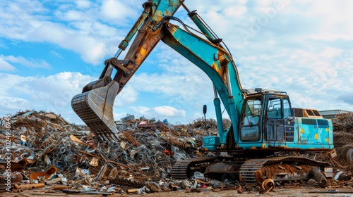 A colorful scrapyard scene with an excavator working amidst multicolored metal waste under a bright and hopeful sky with white clouds.