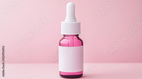 A small pink glass bottle with a white dropper and a blank label on a pink background.