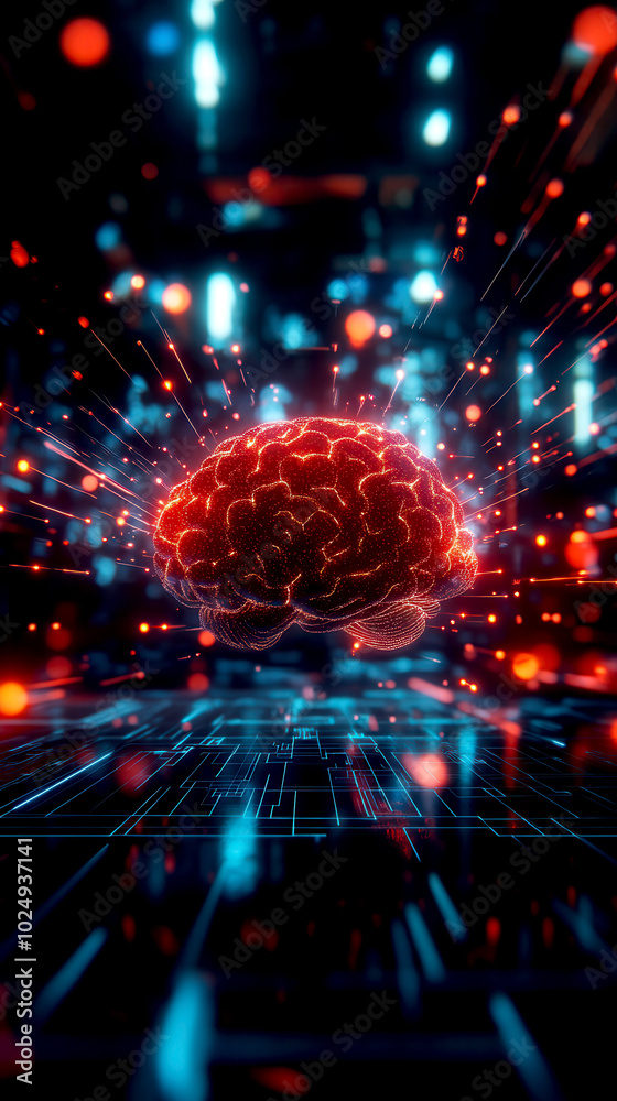 Digital brain glowing with data streams, representing advanced technology and learning Digital brain glowing with data streams, representing advanced technology and learning
