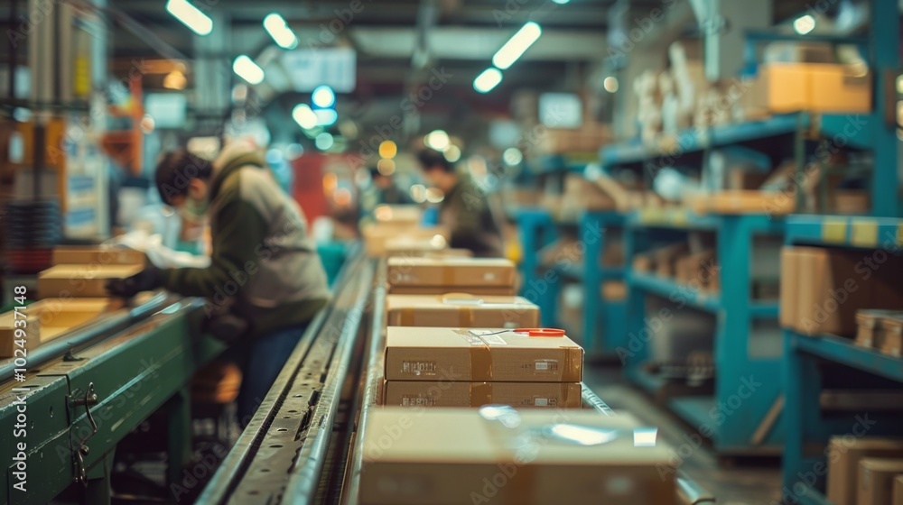 Obraz premium Busy warehouse with workers on conveyor belts sorting and packaging. Front has crates, back blurred. Blue shelves on sides show organized operations.