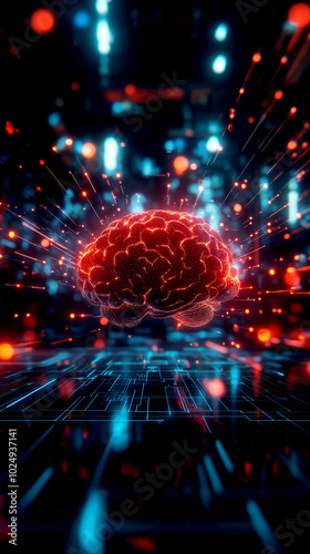 Digital brain glowing with data streams, representing advanced technology and learning