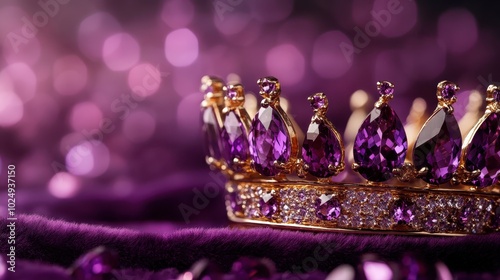 A majestic crown adorned with shimmering purple stones rests gracefully on a plush purple fabric, symbolizing timeless elegance, royalty, and nobility.